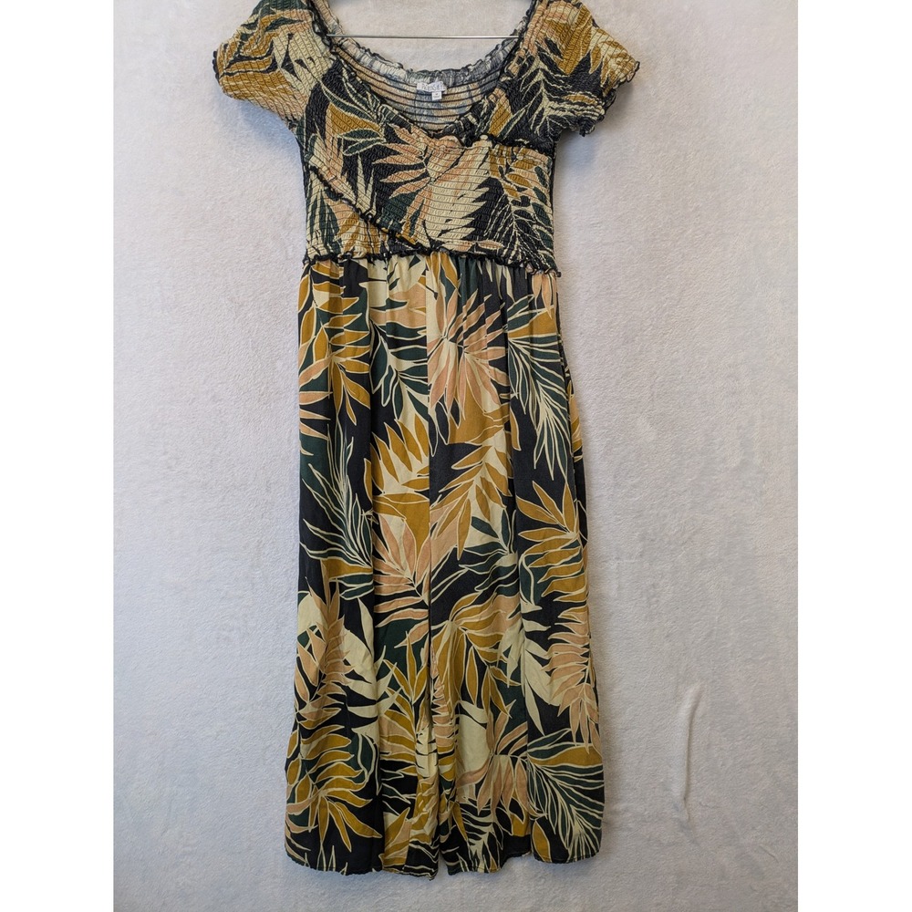 Patrons of Peace Junior's Tropical‎ Leaf Smocked Wide Leg Jumpsuit M